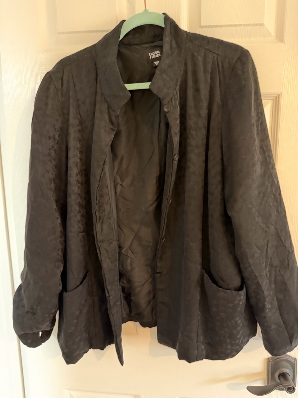 Eileen Fisher Black silk quilted  jacquard Relaxed Open Front Jacket blazer